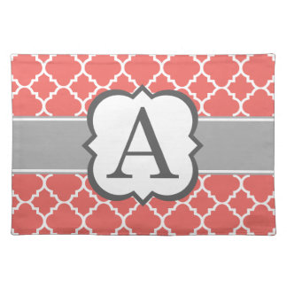 Coral White Monogram Letter A Quatrefoil Placemat