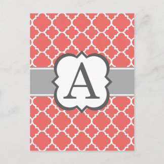Coral White Monogram Letter A Quatrefoil Postcard