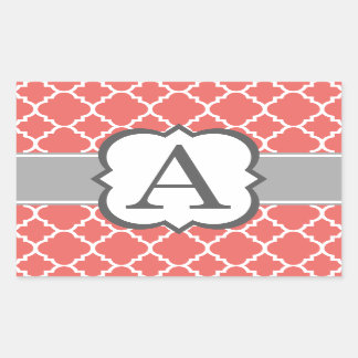 Coral White Monogram Letter A Quatrefoil Rectangular Sticker