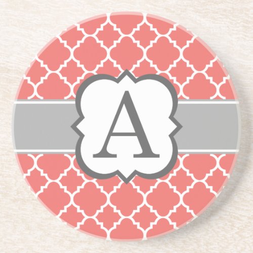 Coral White Monogram Letter A Quatrefoil Sandstone Coaster