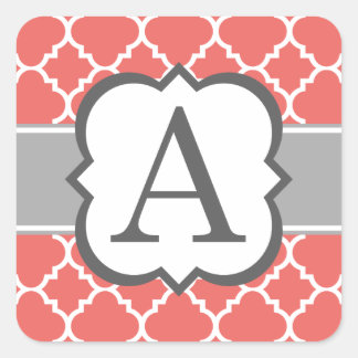 Coral White Monogram Letter A Quatrefoil Square Sticker