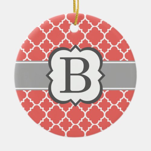 Coral White Monogram Letter B Quatrefoil Ceramic Ornament