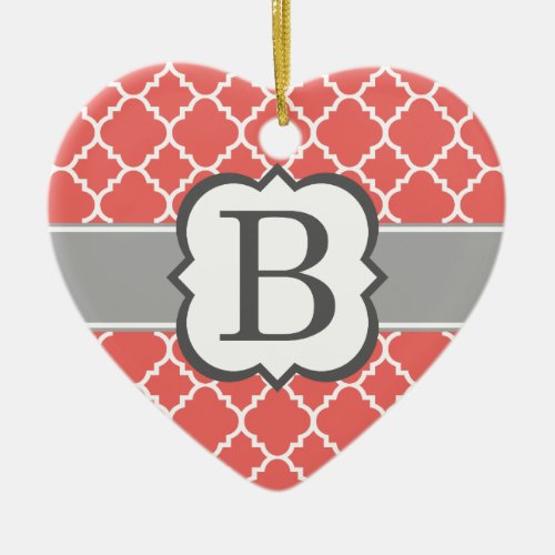 Coral White Monogram Letter B Quatrefoil Ceramic Ornament