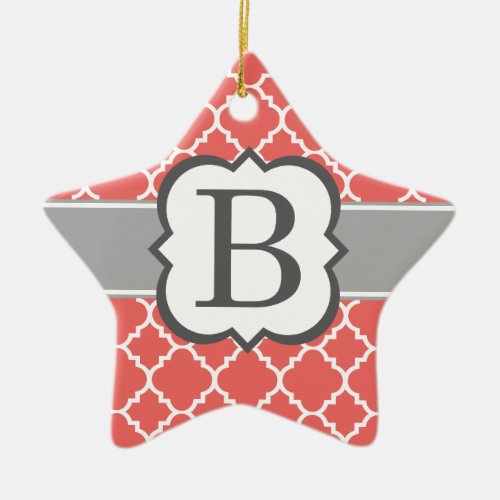 Coral White Monogram Letter B Quatrefoil Ceramic Ornament