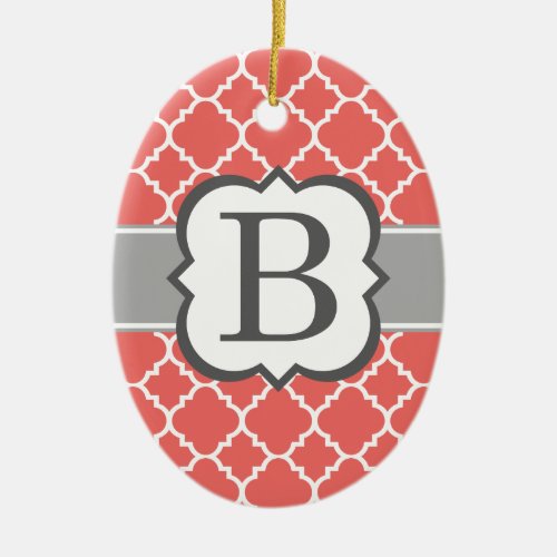 Coral White Monogram Letter B Quatrefoil Ceramic Ornament