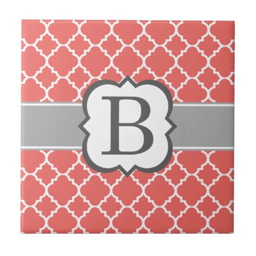 Coral White Monogram Letter B Quatrefoil Ceramic Tile