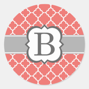 Coral White Monogram Letter B Quatrefoil Classic Round Sticker