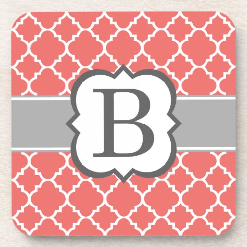 Coral White Monogram Letter B Quatrefoil Drink Coaster