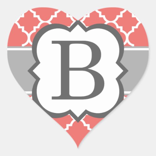 Coral White Monogram Letter B Quatrefoil Heart Sticker