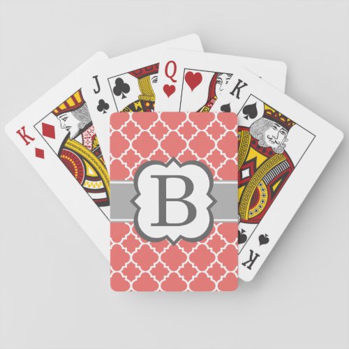 Coral White Monogram Letter B Quatrefoil Poker Cards