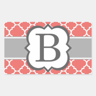 Coral White Monogram Letter B Quatrefoil Rectangular Sticker