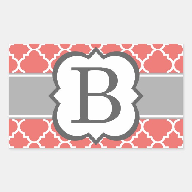 Coral White Monogram Letter B Quatrefoil Rectangular Sticker (Front)