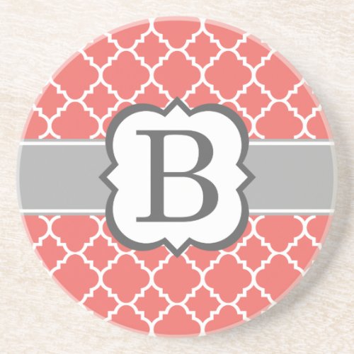 Coral White Monogram Letter B Quatrefoil Sandstone Coaster