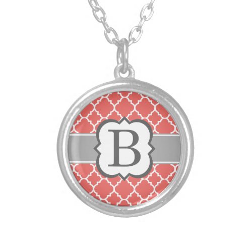 Coral White Monogram Letter B Quatrefoil Silver Plated Necklace