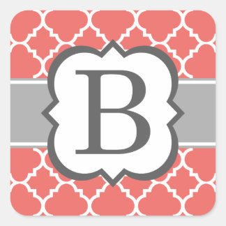 Coral White Monogram Letter B Quatrefoil Square Sticker