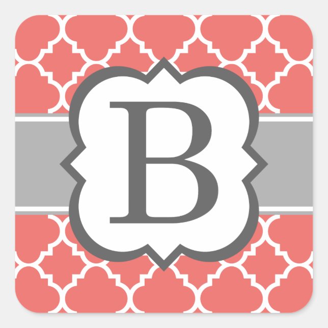 Coral White Monogram Letter B Quatrefoil Square Sticker (Front)