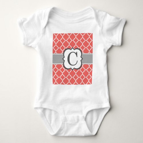 Coral White Monogram Letter C Quatrefoil Baby Bodysuit