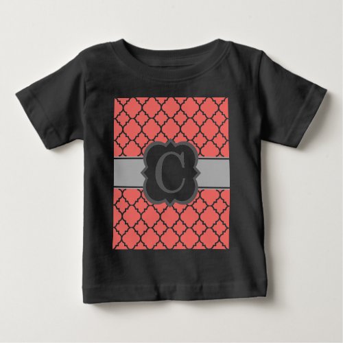 Coral White Monogram Letter C Quatrefoil Baby T_Shirt