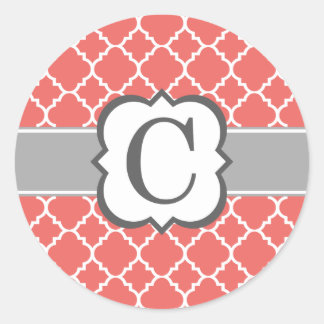 Coral White Monogram Letter C Quatrefoil Classic Round Sticker