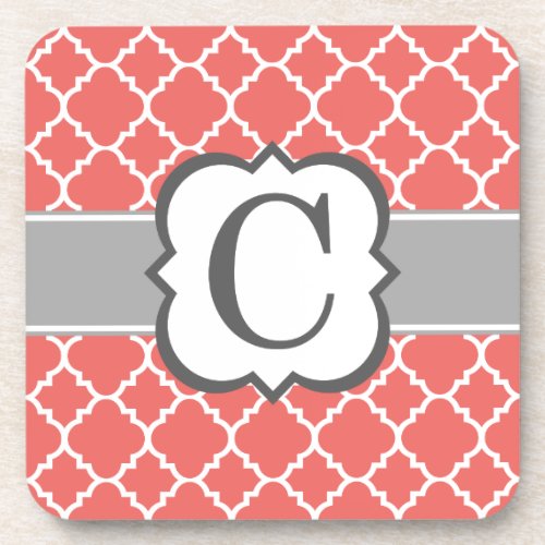 Coral White Monogram Letter C Quatrefoil Drink Coaster