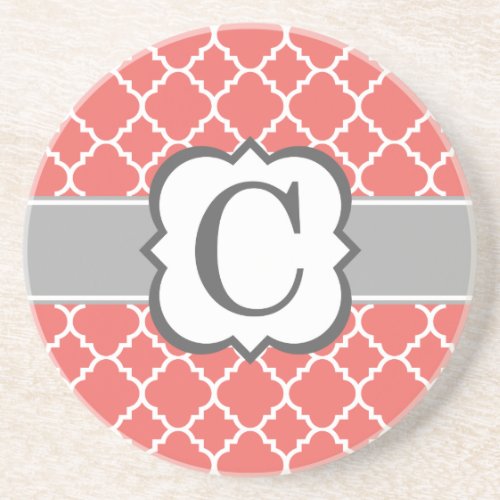 Coral White Monogram Letter C Quatrefoil Sandstone Coaster