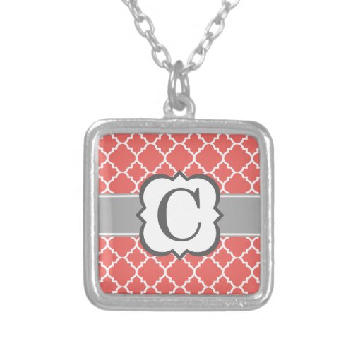 Coral White Monogram Letter C Quatrefoil Silver Plated Necklace