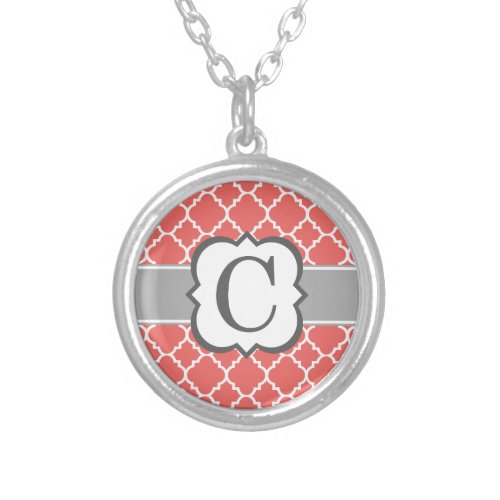 Coral White Monogram Letter C Quatrefoil Silver Plated Necklace