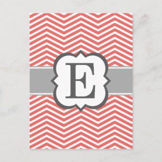 Coral White Monogram Letter E Chevron Postcard