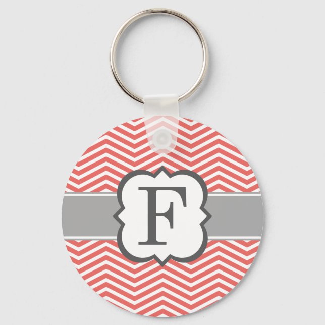Coral White Monogram Letter F Chevron Keychain (Front)
