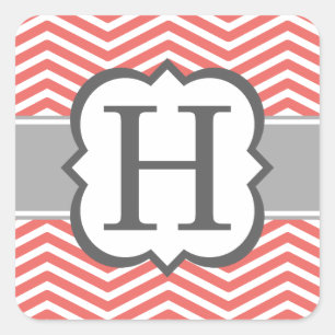 Coral White Monogram Letter H Chevron Square Sticker