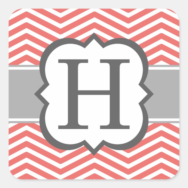 Coral White Monogram Letter H Chevron Square Sticker (Front)
