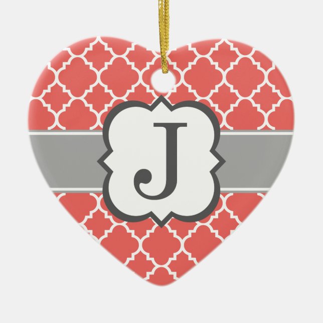 Coral White Monogram Letter J Quatrefoil Ceramic Ornament (Front)