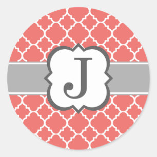 Coral White Monogram Letter J Quatrefoil Classic Round Sticker