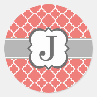 Coral White Monogram Letter J Quatrefoil Classic Round Sticker