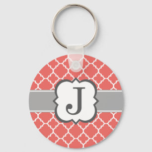 Coral White Monogram Letter J Quatrefoil Keychain