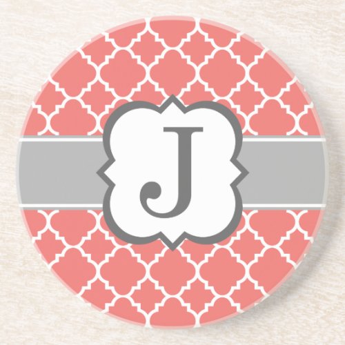 Coral White Monogram Letter J Quatrefoil Sandstone Coaster