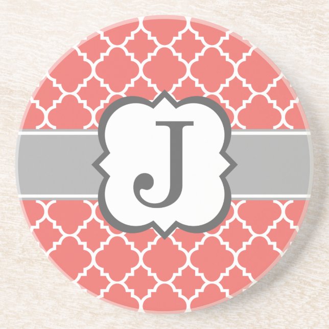 Coral White Monogram Letter J Quatrefoil Sandstone Coaster (Front)