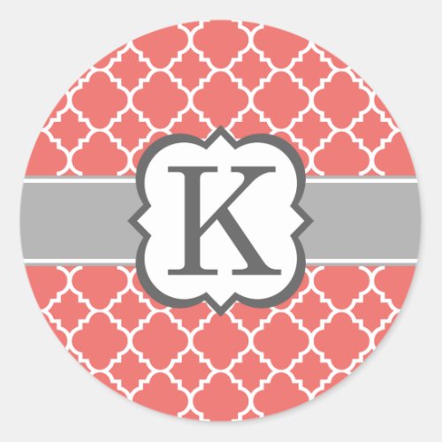 Coral White Monogram Letter K Quatrefoil Classic Round Sticker