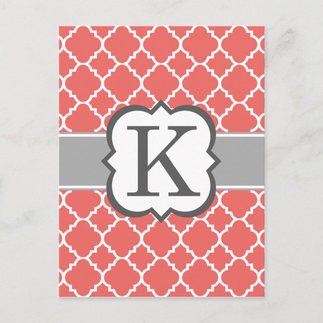 Coral White Monogram Letter K Quatrefoil Postcard (Front)