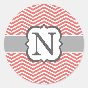 Coral White Monogram Letter N Chevron Classic Round Sticker