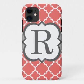Coral White Monogram Letter R Quatrefoil iPhone 11 Case