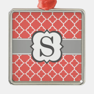 Coral White Monogram Letter S Quatrefoil Metal Ornament