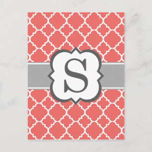 Coral White Monogram Letter S Quatrefoil Postcard