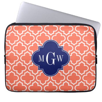 Coral White Moroccan #6 Navy 3 Initial Monogram Laptop Sleeve by FantabulousCases at Zazzle