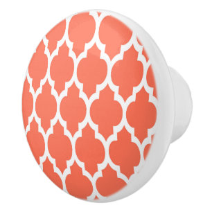 Coral White Moroccan Quatrefoil Pattern #4 Ceramic Knob