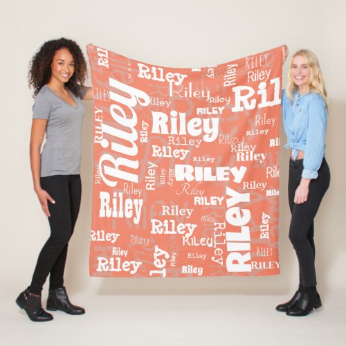 Coral  White Name Pattern Personalized Fleece Blanket