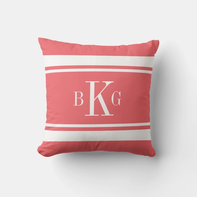 Coral White Nautical Stripes Custom Monogram Throw Pillow (Front)