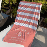 Coral & White Personalized Bachelorette Weekend Beach Towel<br><div class="desc">Celebrate your bachelorette weekend,  getaway or party with these unique custom beach towels. Personalized design features tropical coral and white stripes with the bride's name,  event type,  year and destination flanking a white rope and anchor illustration.</div>