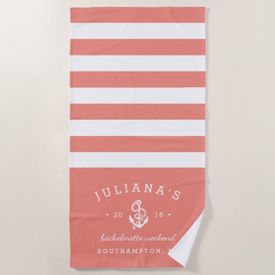 Coral & White Personalized Bachelorette Weekend Beach Towel
