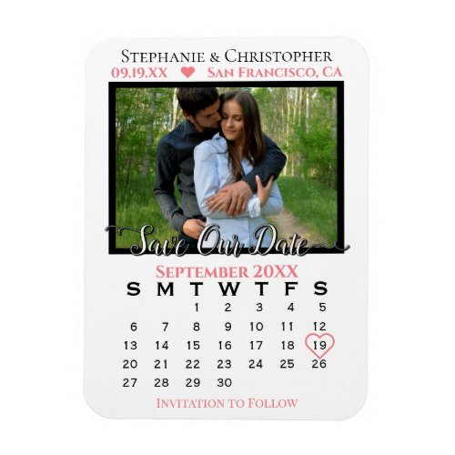 Coral  White Photo Calendar Save Our Date Wedding Magnet